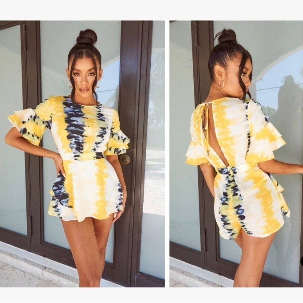 PRETTY LITTLE THING New Size 0 Yellow Tie‎ Dye Frill Sleeve Tie Back Playsuit